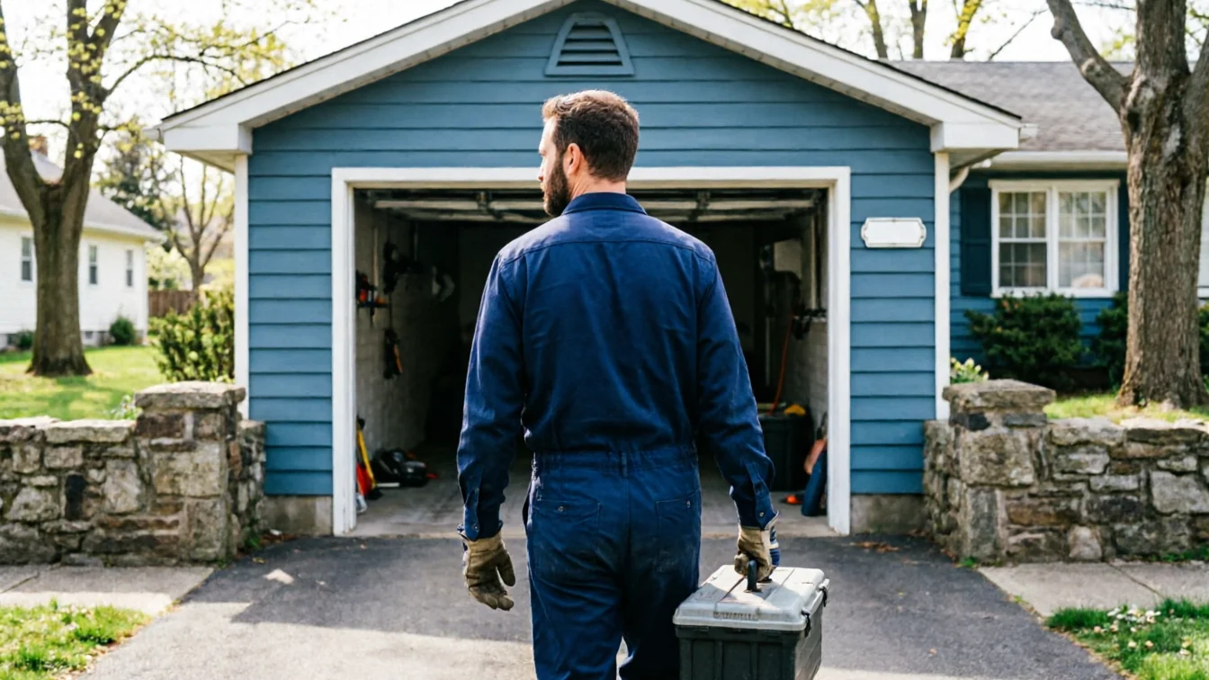 A technician in a blue uniform carries a toolbox toward an open garage.