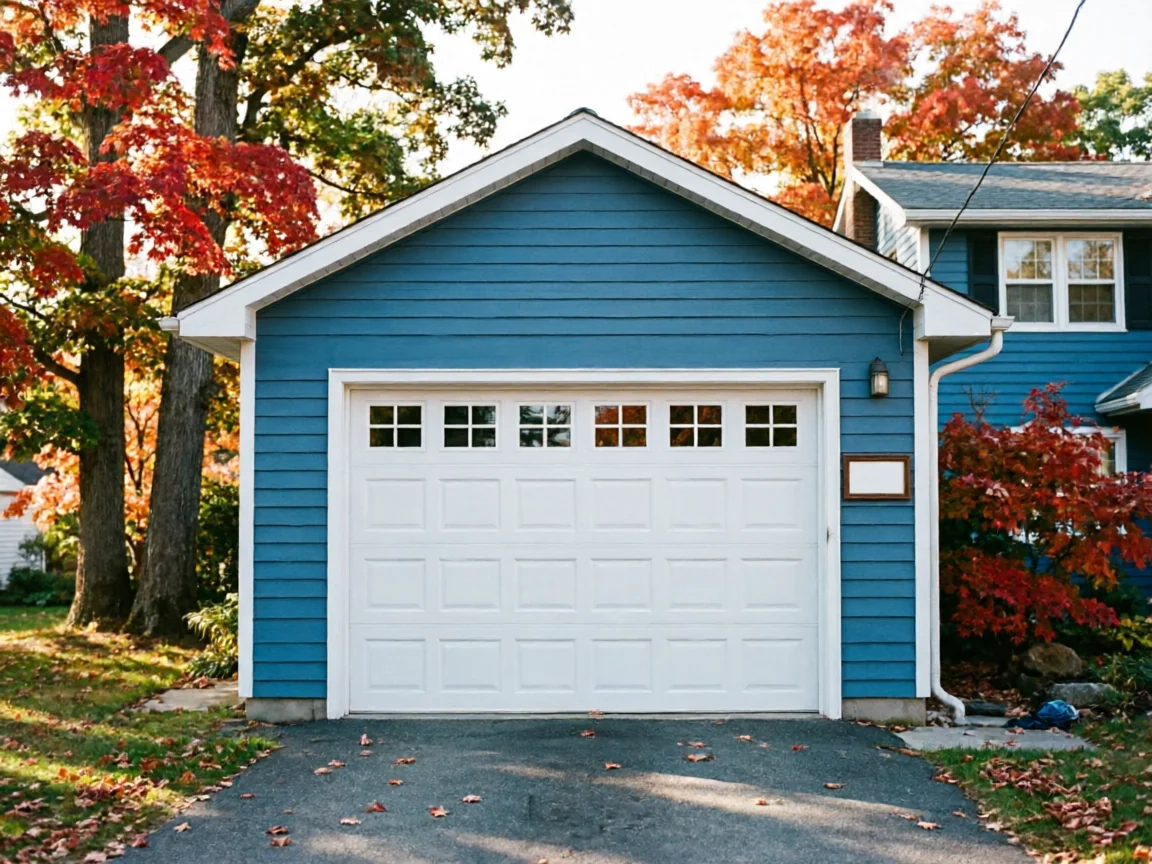 A white garage door with windows is on a blue garage with autumn trees.