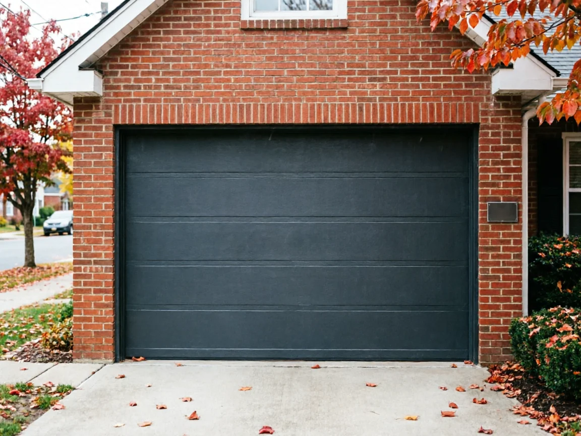 The house has a dark gray garage door and a red brick facade with autumn leaves.