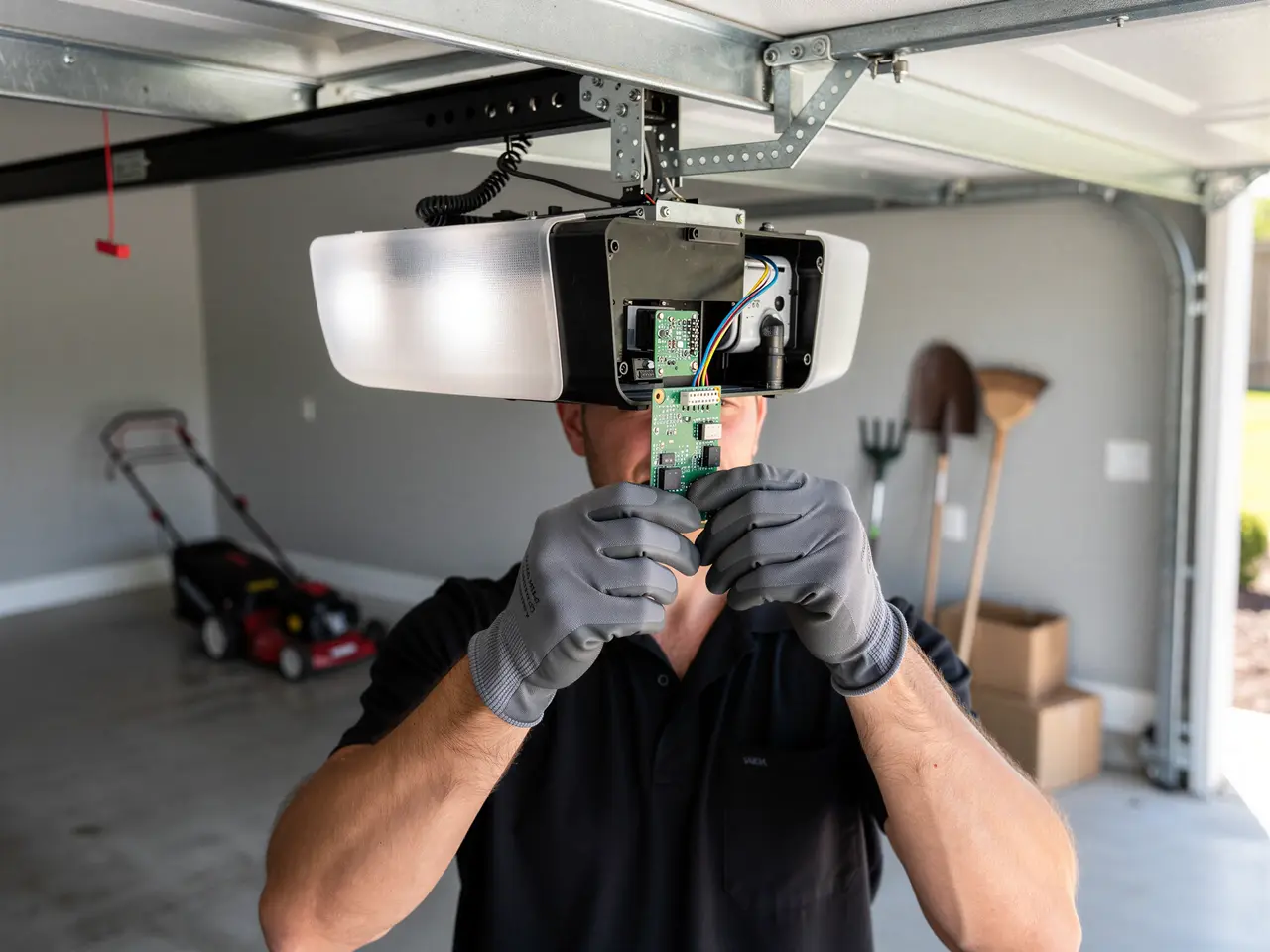 A technician in gray gloves holds a circuit board near a garage door opener.